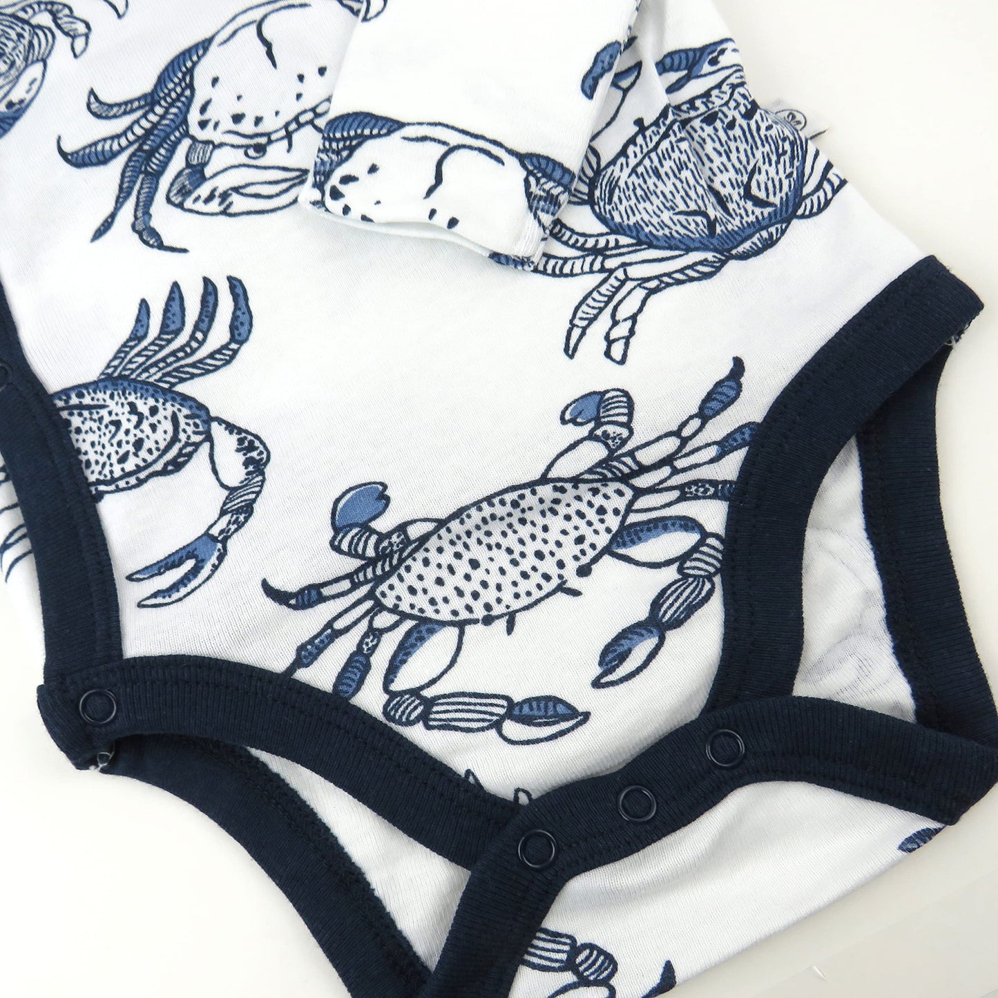 Honestbaby 3-Pack Organic Cotton Long Sleeve Side-Snap Kimono Onesies Bodysuits, Crabs Navy, 0-3 Months
