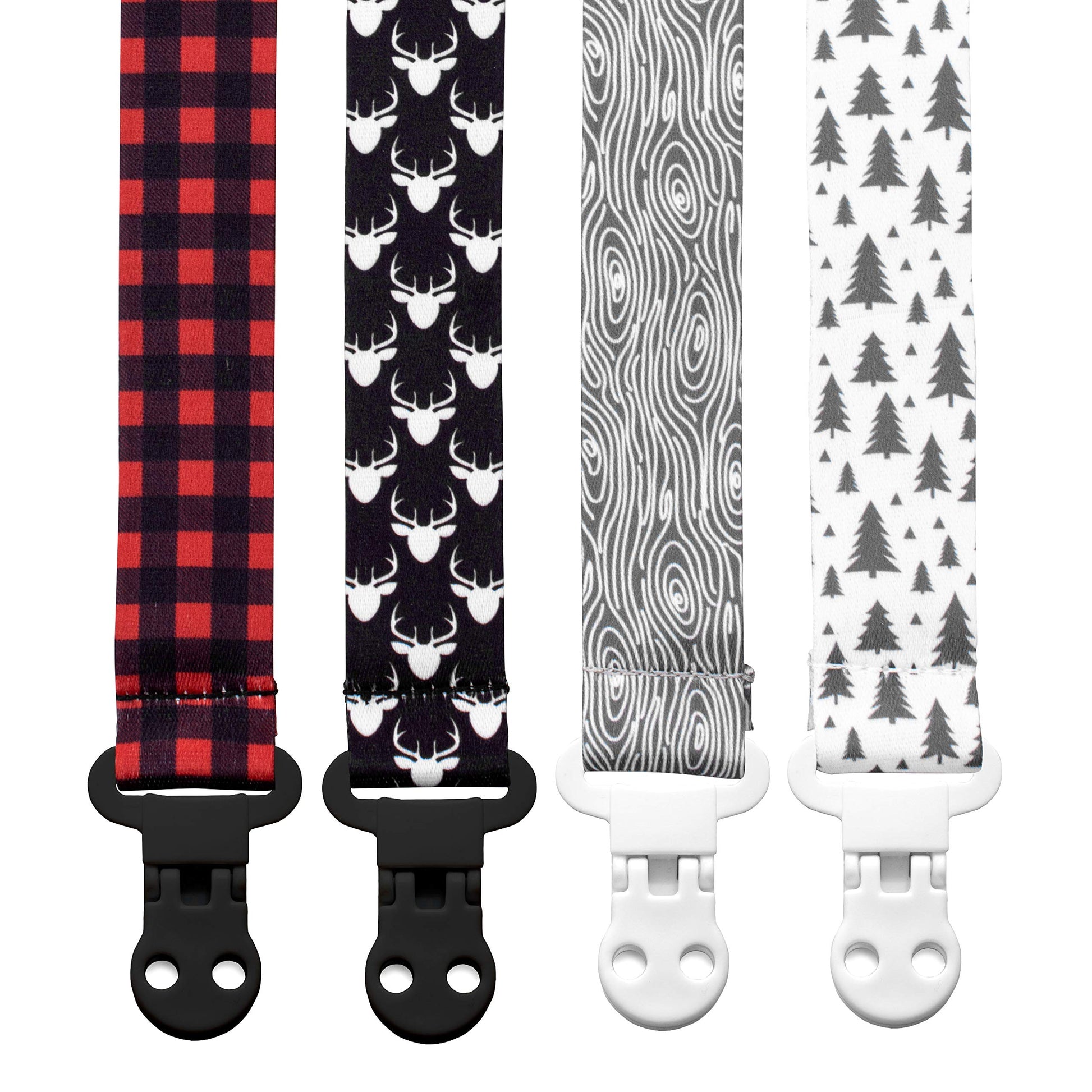 Stadela Baby Pacifier Clip Holder - Boy 4 Pack Gift Set - Plaid Deer Forest Woodland Trees Red Black Gray (Lumberjack)