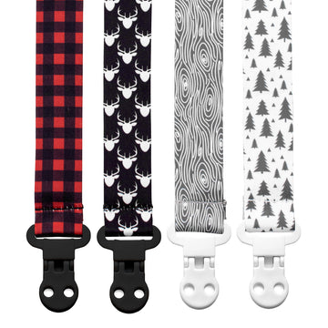 Stadela Baby Pacifier Clip Holder - Boy 4 Pack Gift Set - Plaid Deer Forest Woodland Trees Red Black Gray (Lumberjack)