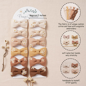 Baby Toddler Girls Hair Ties With Daisy Linen Bows,12 Pcs No Damage Elastic Nylon Hair Bands Ponytail Holders,Small Hair Accesso