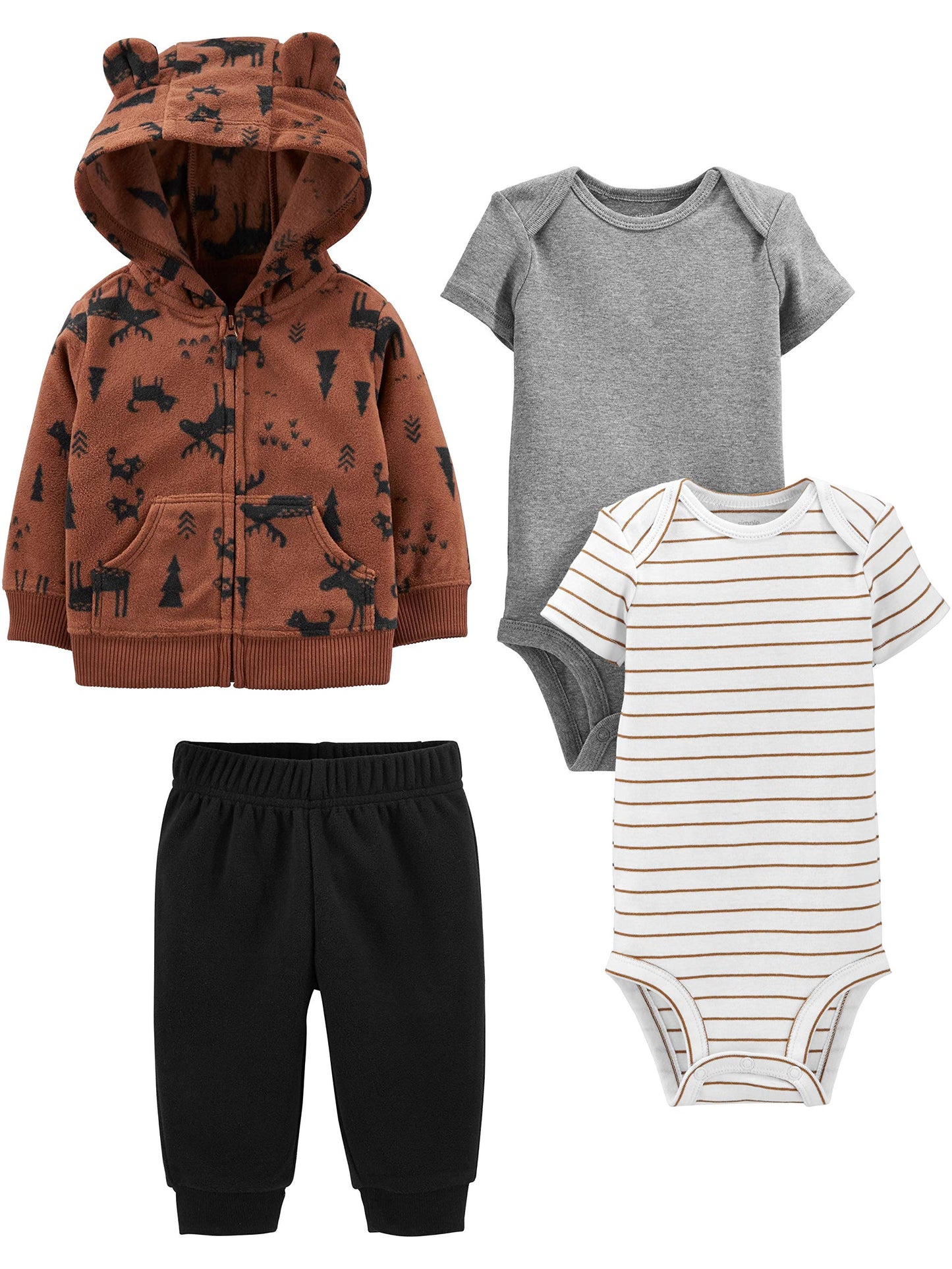 Simple Joys by Carters Baby Boys 4-Piece Fleece Jacket, Pant, and Bodysuit Set Pants, Brown Moose, Newborn
