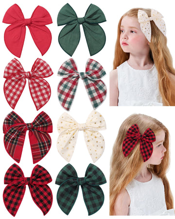 Doboi 8Pcs Baby Girls Hair Clips Large Christmas Fable Hair Bows Cotton Linen Bows For Girls Gingham Hair Accessories For Baby T