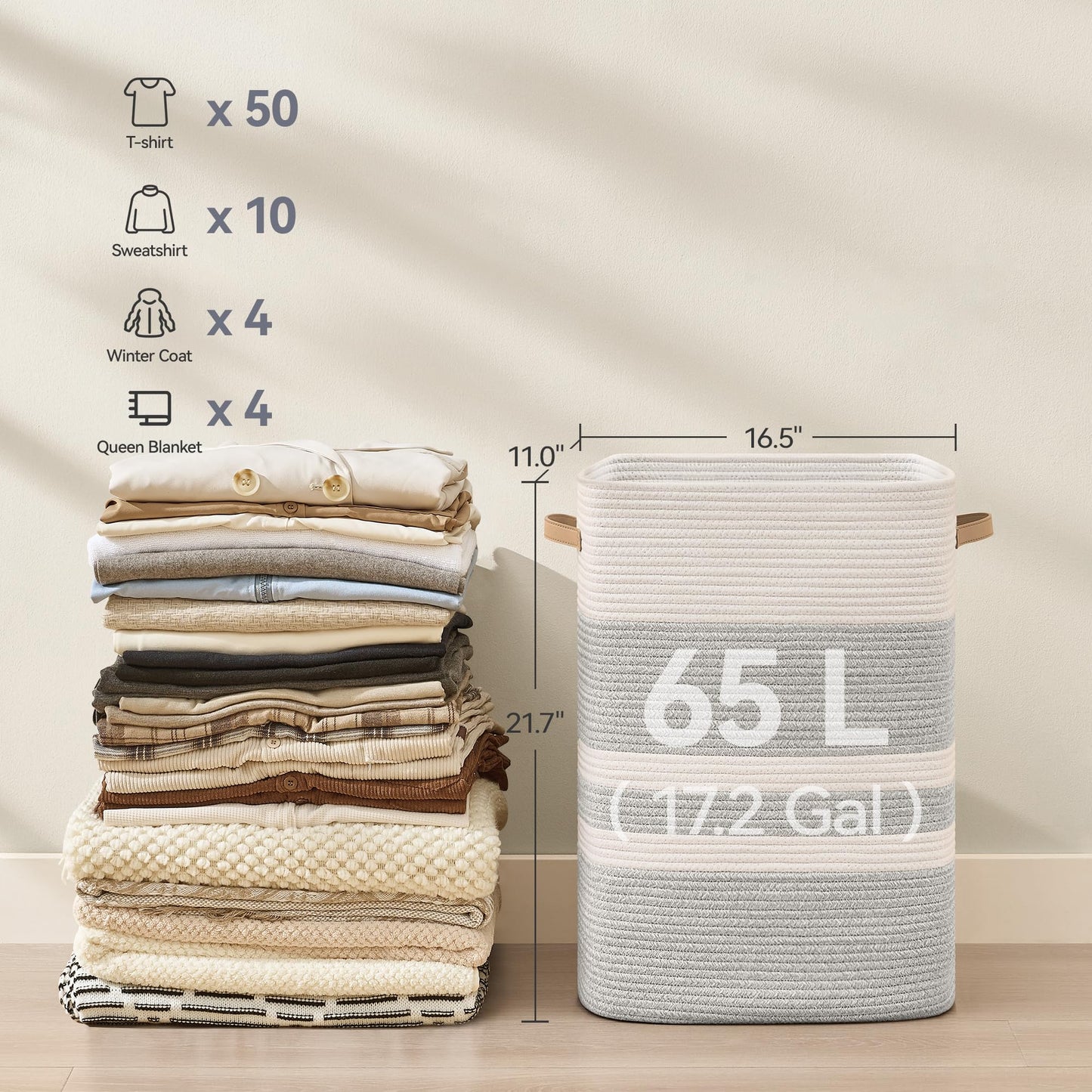 Nunsino Laundry Hamper,Laundry Basket With Leather Handles,Woven Storage Basket For Toys,Pillows,Blankets,Clothes,Brown&White