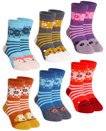 Children'S Winter Warm Wool Solid Color Socks Kids Boy Girls Thermal Crew Socks 6 Pairs (6 Pairs Snowflake Animal, 8-12 Years)