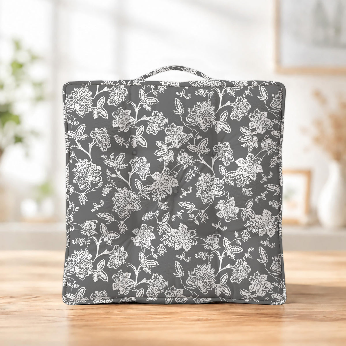 Oasis Home Collection Cotton Shell with Natural Cotton Printed Floor Cushion  (Grey Flower , 40 X 40 cm)