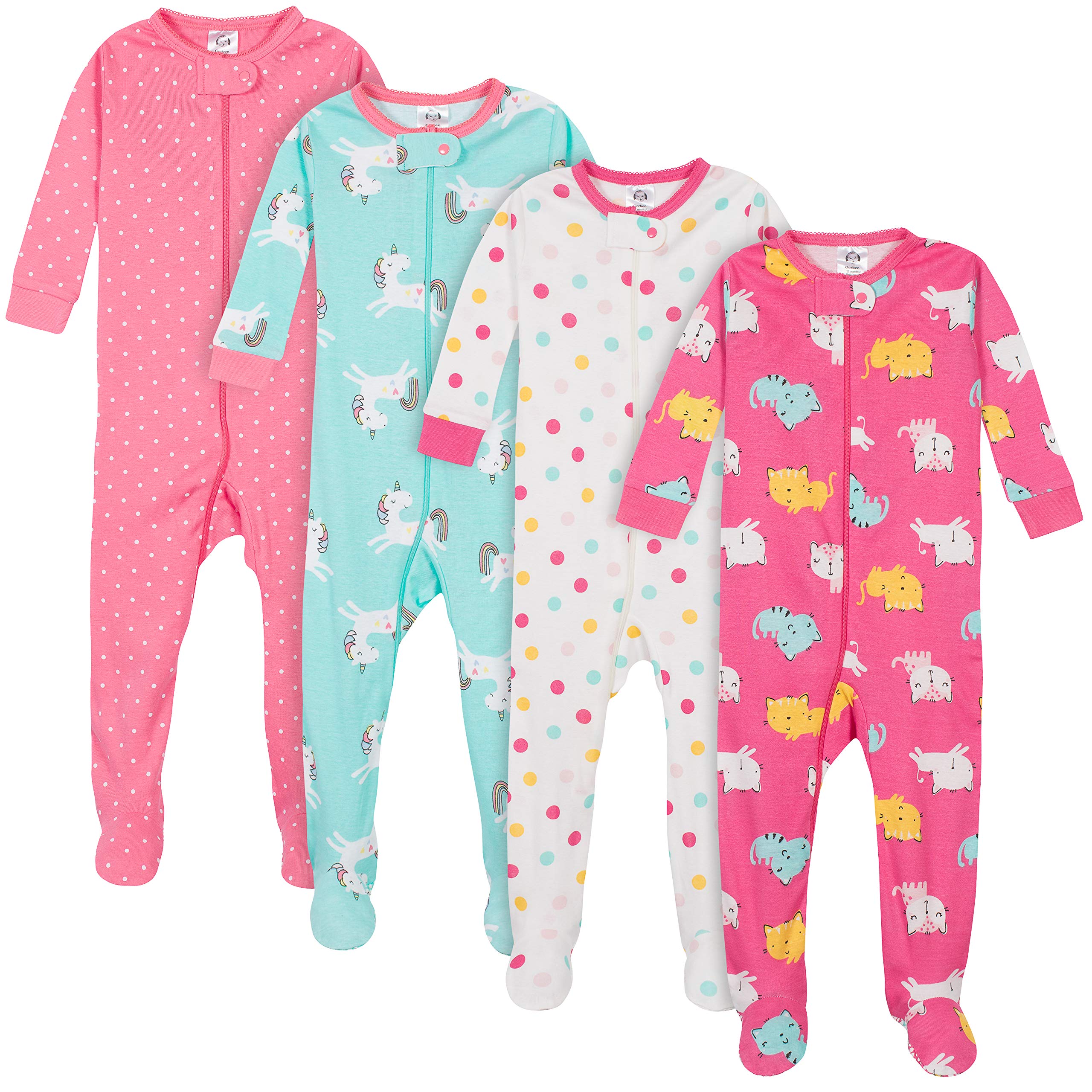 Gerber Baby Girls' 4-Pack Footed Pajamas, Unicorns Cats Pink, 12 Month – Cutebab