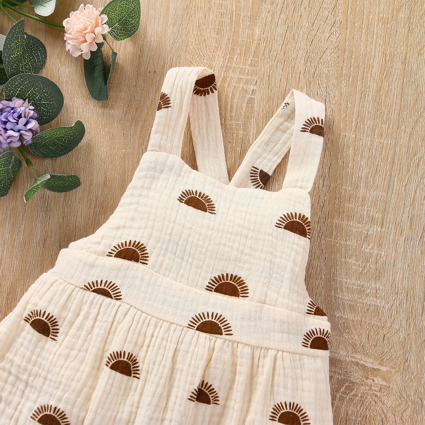Newborn Girls Romper Jumpsuit Sun Print Sleeveless Hairband One-Pieces Bodysuits Baby Clothing (Beige, 0-6 Months, 6_Months)