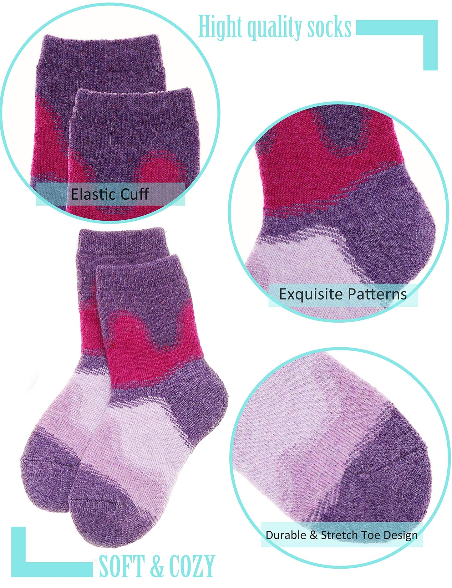 Ebmore Kids Merino Wool Socks For Toddlers Boys Girls Warm Thermal Winter Thick Hiking Heavy Cozy Crew Boot Socks 6 Pairs (Mix C