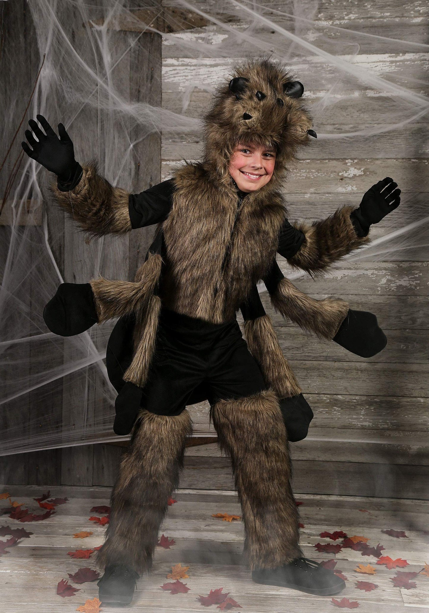 Kids Brown Furry Spider Costume Boys, Scary Eight Legs Arachnid Giant Tarantula Childrens Halloween