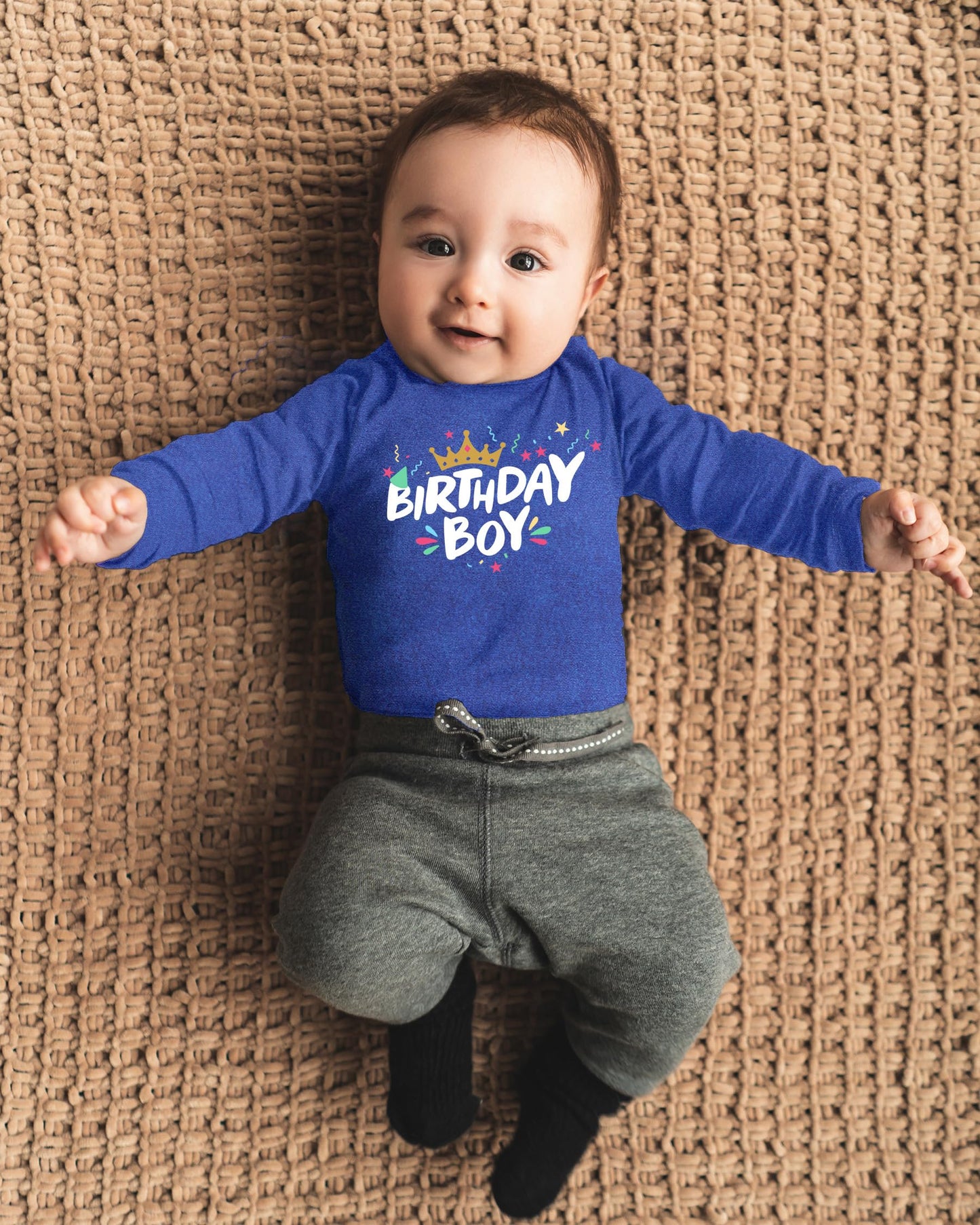 Birthday Boy Shirt Happy First 1St 2Nd 3Rd 4Th 5Th Toddler Boys Year Old Crown (As1, Age, 12_Months, Charcoal Blue - Long Sleeve
