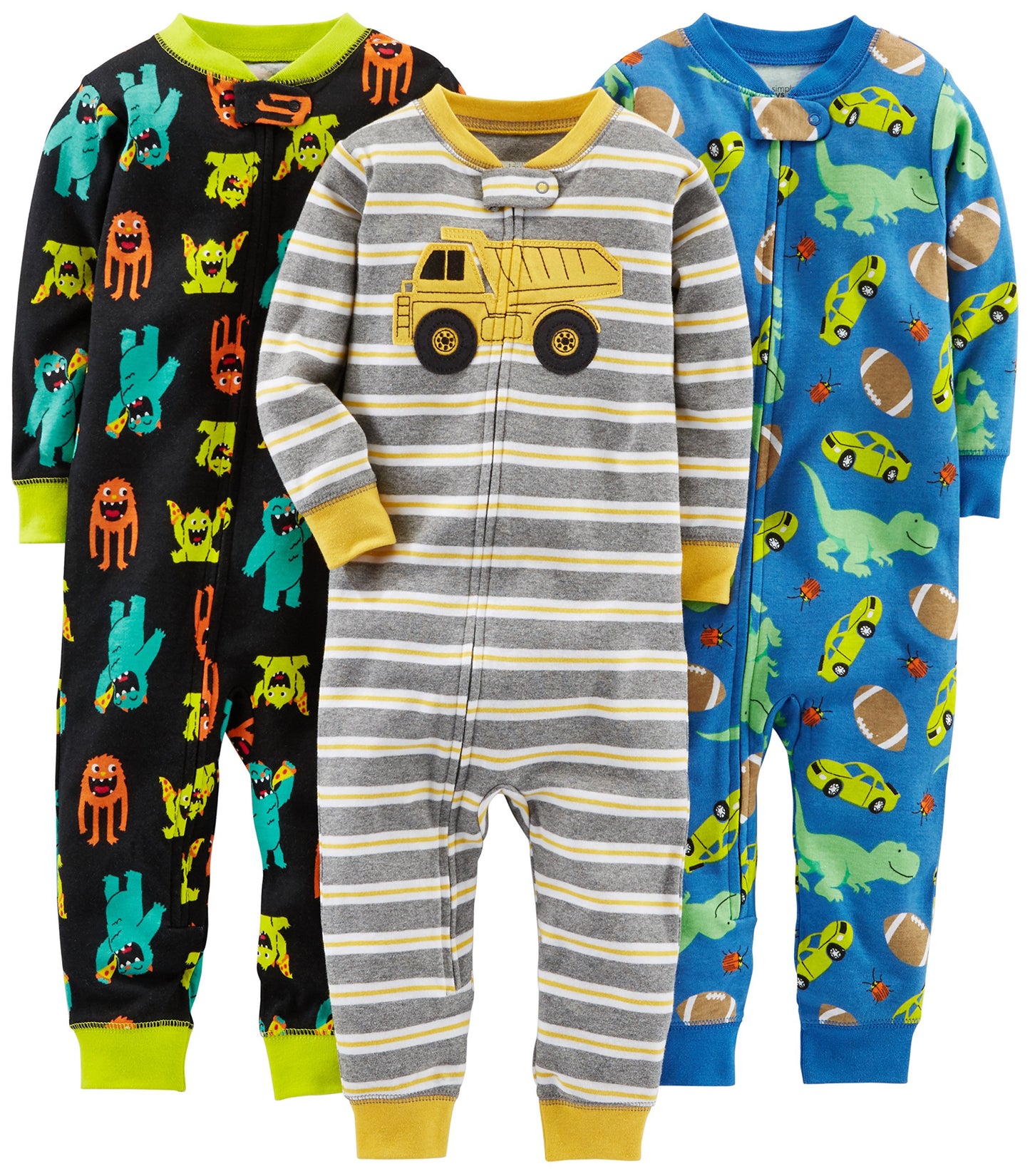 Simple Joys By Carter'S Baby Boys' 3-Pack Snug Fit Footless Cotton Pajamas, Black Monster/Blue Dinosaur/Grey Stripe, 3T