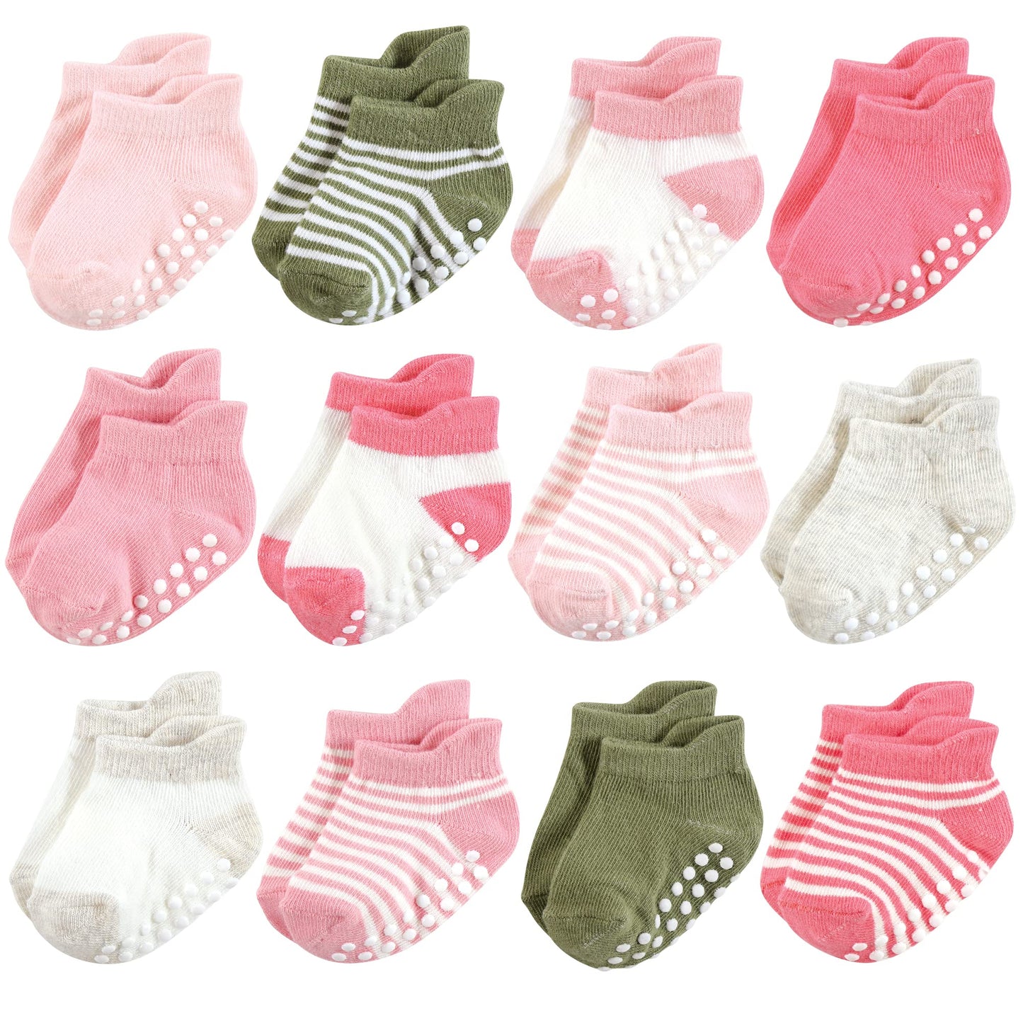 Hudson Baby Unisex Baby Non-Skid No-Show Socks, Pink Green, 6-12 Months