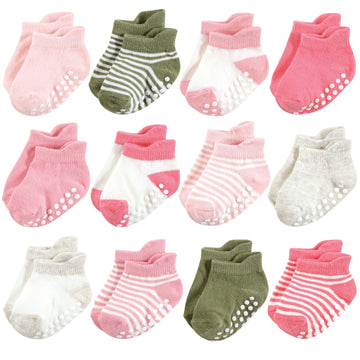 Hudson Baby Unisex Baby Non-Skid No-Show Socks, Pink Green, 6-12 Months