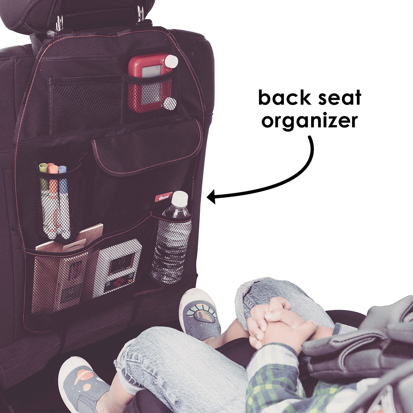 Diono Stow 'N Go Car Back Seat Organizer For Kids, Kick Mat Back Seat Protector, With 7 Storage Pockets, 2 Drinks Holders, Water