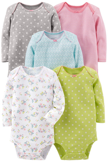Simple Joys By Carter'S Baby Girls' 5-Pack Long-Sleeve Bodysuit, Lime Green/Light Blue/Pink, Newborn
