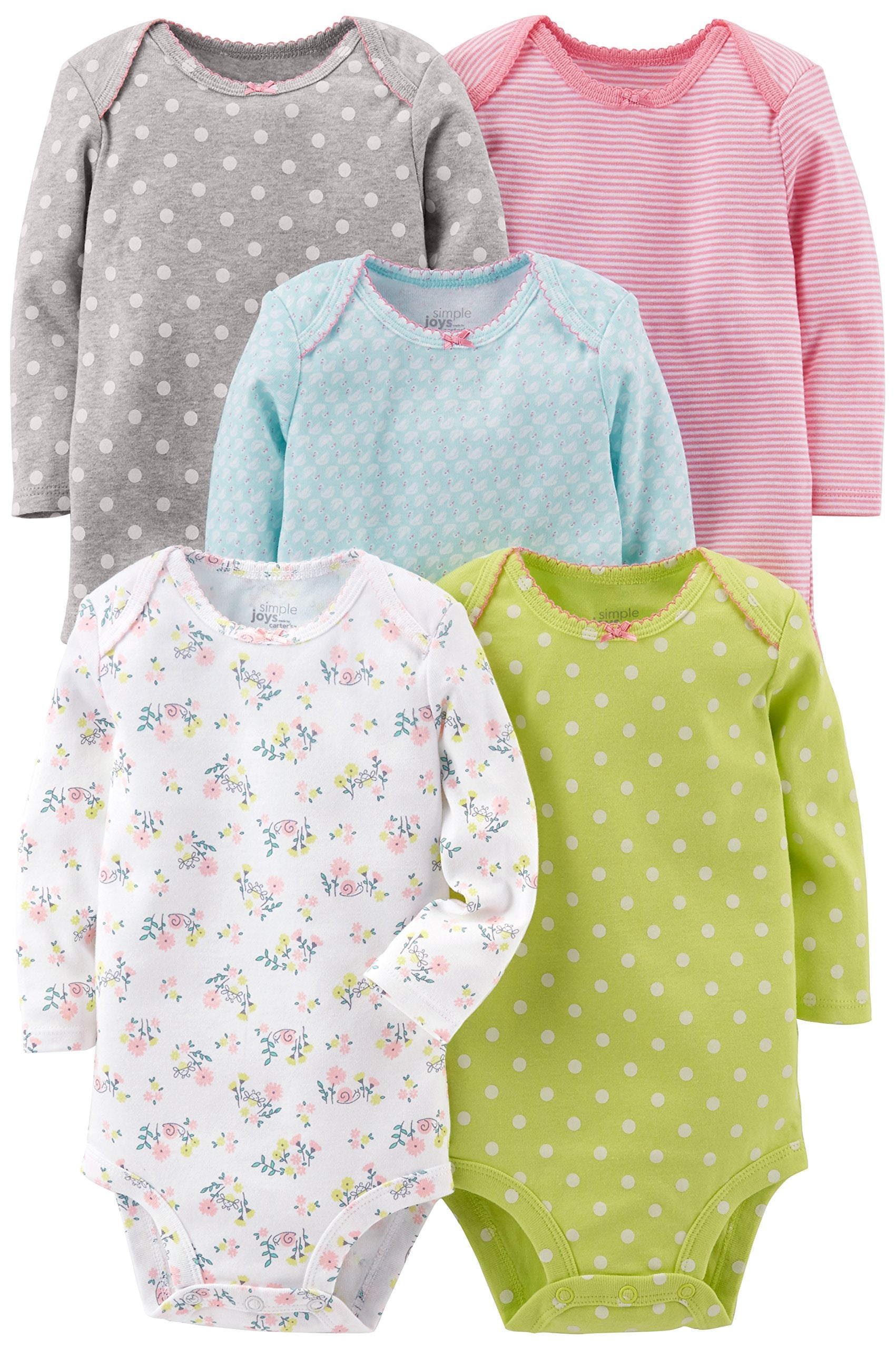 Simple Joys By Carter'S Baby 5-Pack Long-Sleeve Bodysuit, Grey/Pink/Li – Cutebab