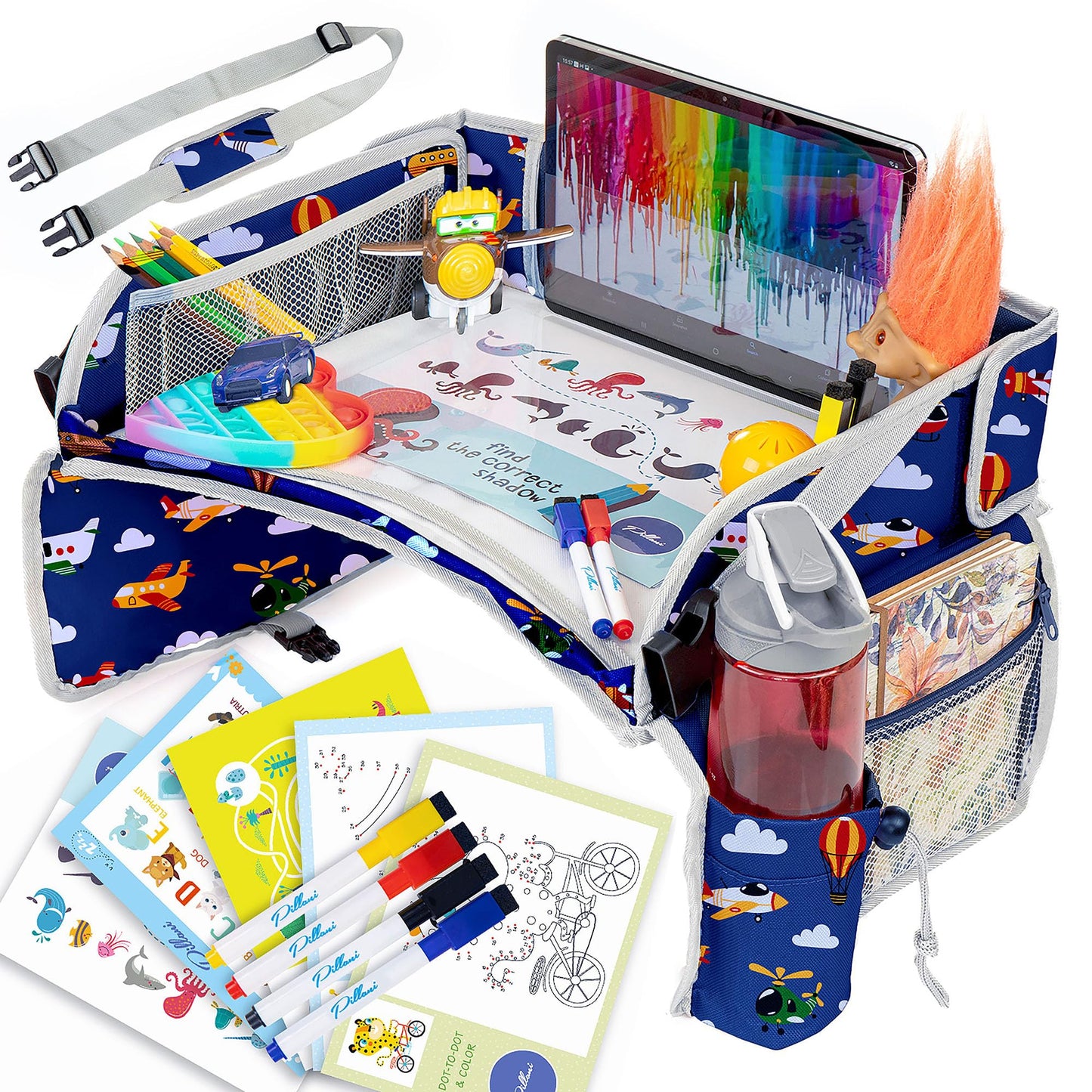 Pillani Kids Travel Tray For Car - Car Seat Tray For Kids, Roadtrip Essentials, Carseat Table Tray For Kids Road Trip Activities