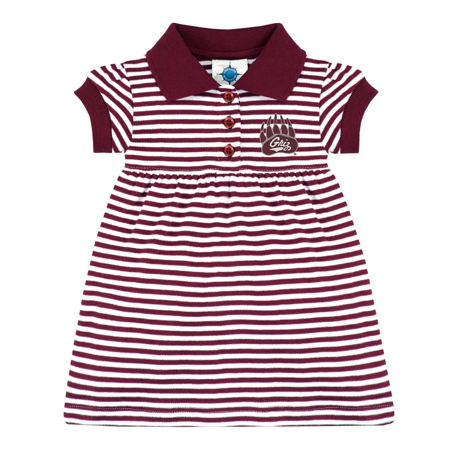 College Baby Striped Game Day Polo Dress With Bloomer - Montana Grizzlies Logo - Maroon/White - 0-3 Months