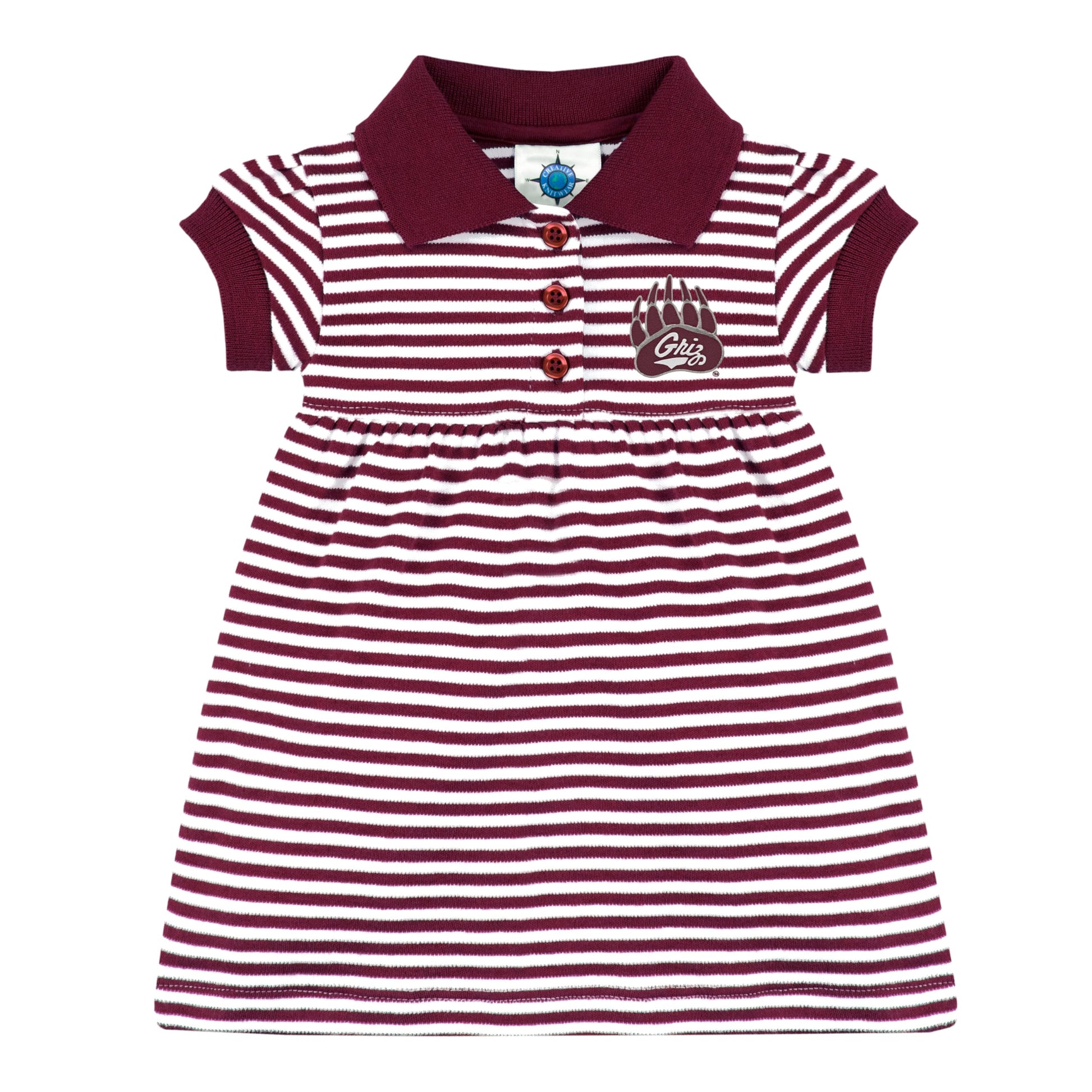 College Baby Striped Game Day Polo Dress With Bloomer - Montana Grizzlies Logo - Maroon/White - 0-3 Months