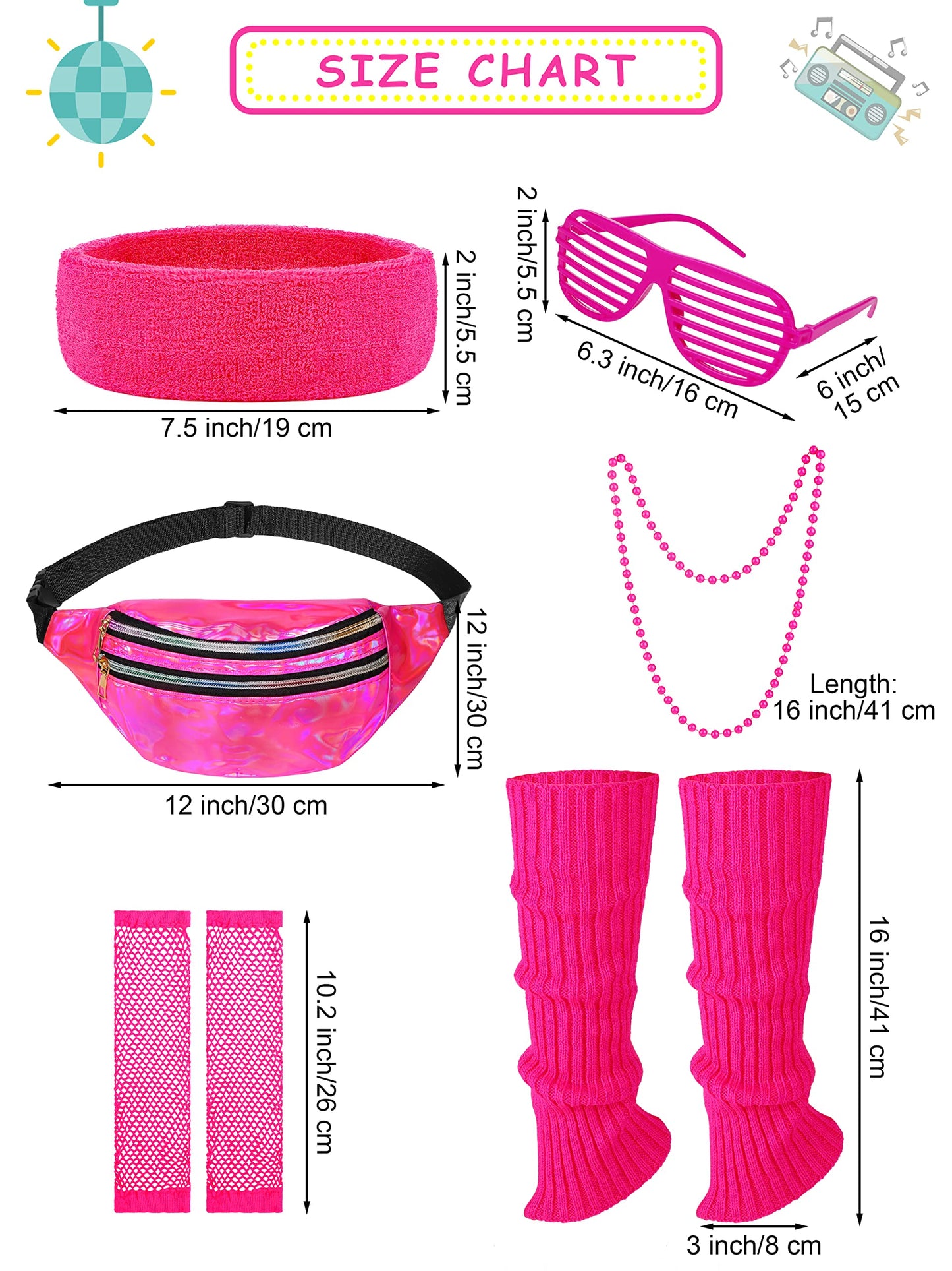 Somsoc 13 Pieces Kids 80S Costume Accessories Set Girl'S 80S Cosplay T-Shirt Tutu Outfit Headband Necklace Gloves Leg Warmer