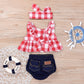 Iwoka Baby Girls Plaid Ruffle Bowknot Tank Top+Denim Shorts Outfit With Headband (80(6-12M), Red)