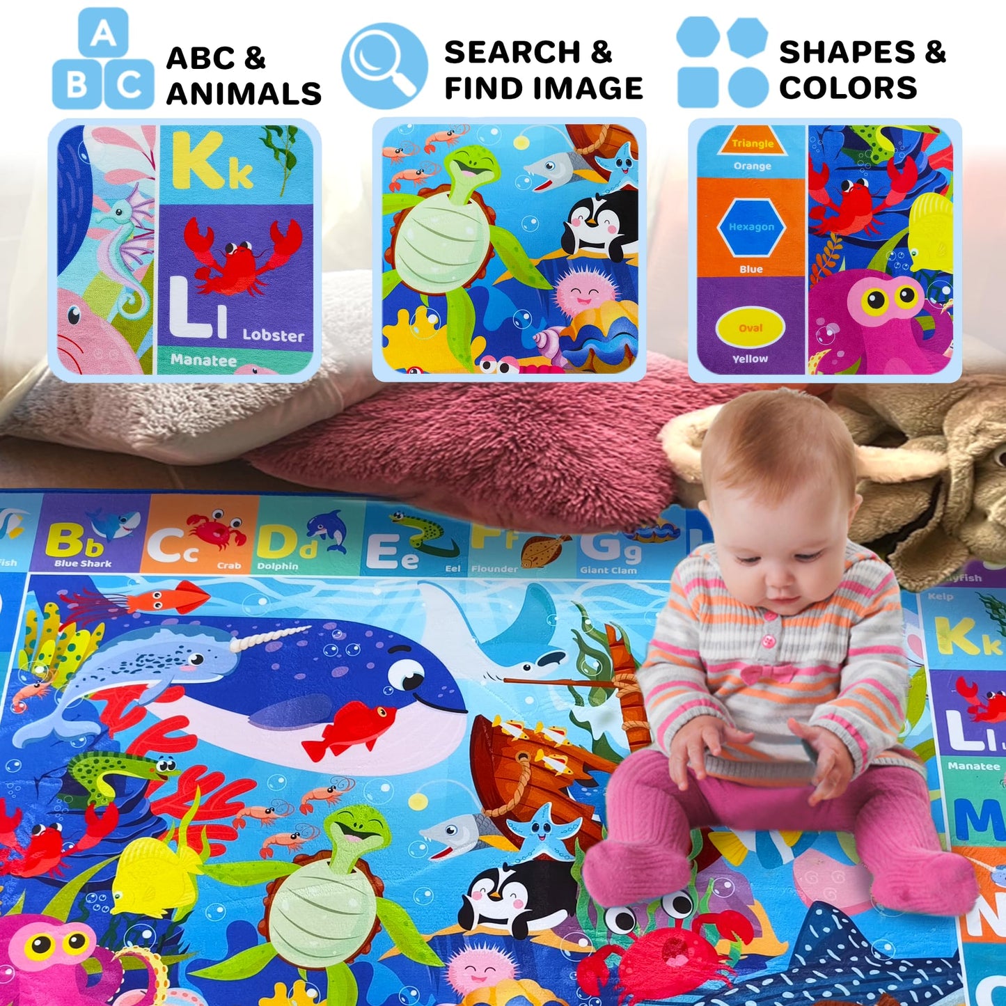 Quokka Baby Play Mat For Floor - Ocean Abc Rug For Kids Toddlers Infants - Extra Thick Large Padded Non-Slip Nursery Rug For Bab