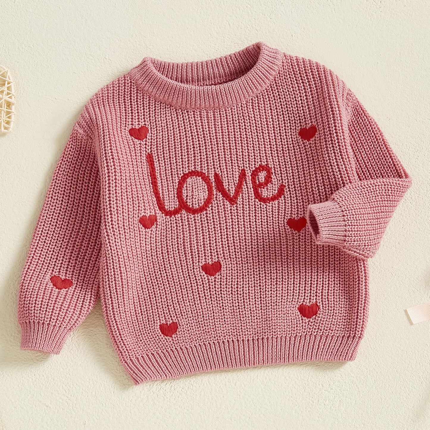 Baby Girl Chunky Knit Sweater Long Sleeve Crewneck Embroidery Sweatshirt Toddler Pullover Tops Warm Clothes (Valentines Day Love