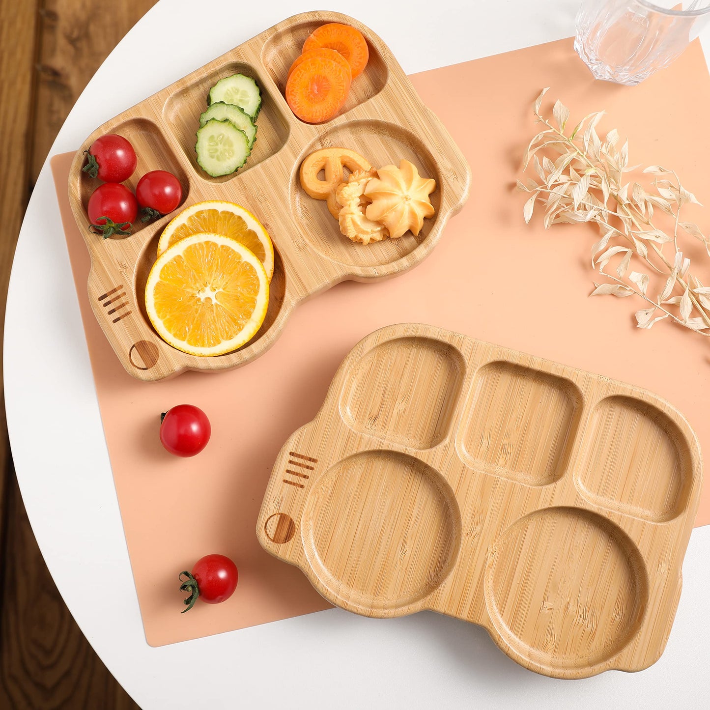 Suction Plates For Baby & Toddler, Bamboo Divided Platter Feeding Dishes With Silicone Fork& Spoon, All-Natural Baby Food Plate