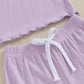 Kupretty Toddlers Baby Girls Summer Clothes Set Ruffle Ribbed Knit Short Sleeves T-Shirt Tops Shorts Comfy Outfits (A Purple, 18
