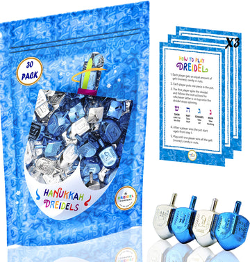 The Dreidel Company Hanukkah Plastic Silver & Blue Metallic Dreidels (30-Pack Bag)