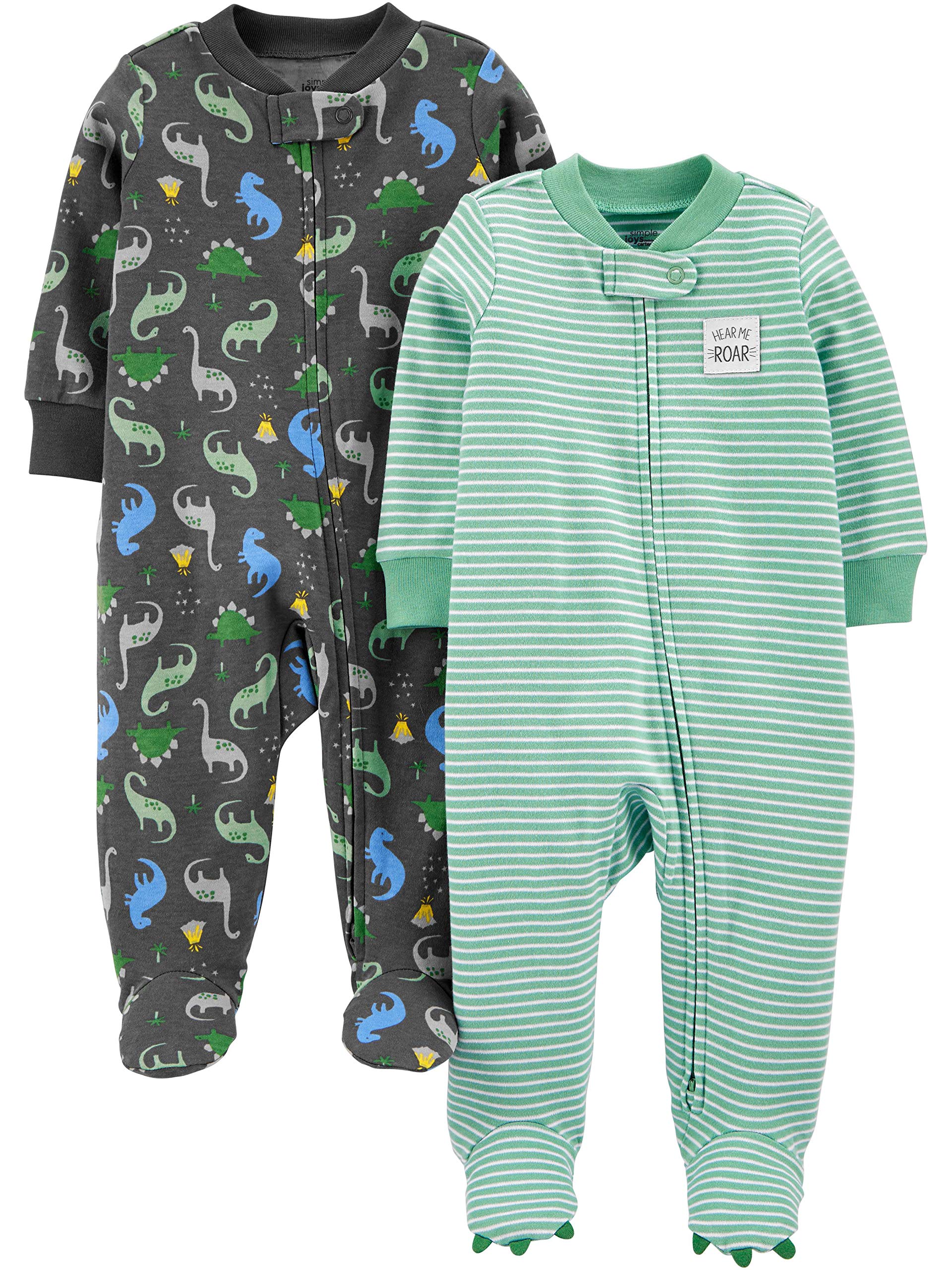 Simple Joys By Carter'S Baby Boys' 2-Way Zip Cotton Footed Sleep And Play, Pack Of 2, Dinosaur Print, 3-6 Months