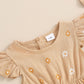 Fomoyuu Newborn Baby Girls Daisy Printed Clothes Pleated Ruffled Sleeve Bubble Romper Cute Summer Outfit With Headband (Khaki, 0