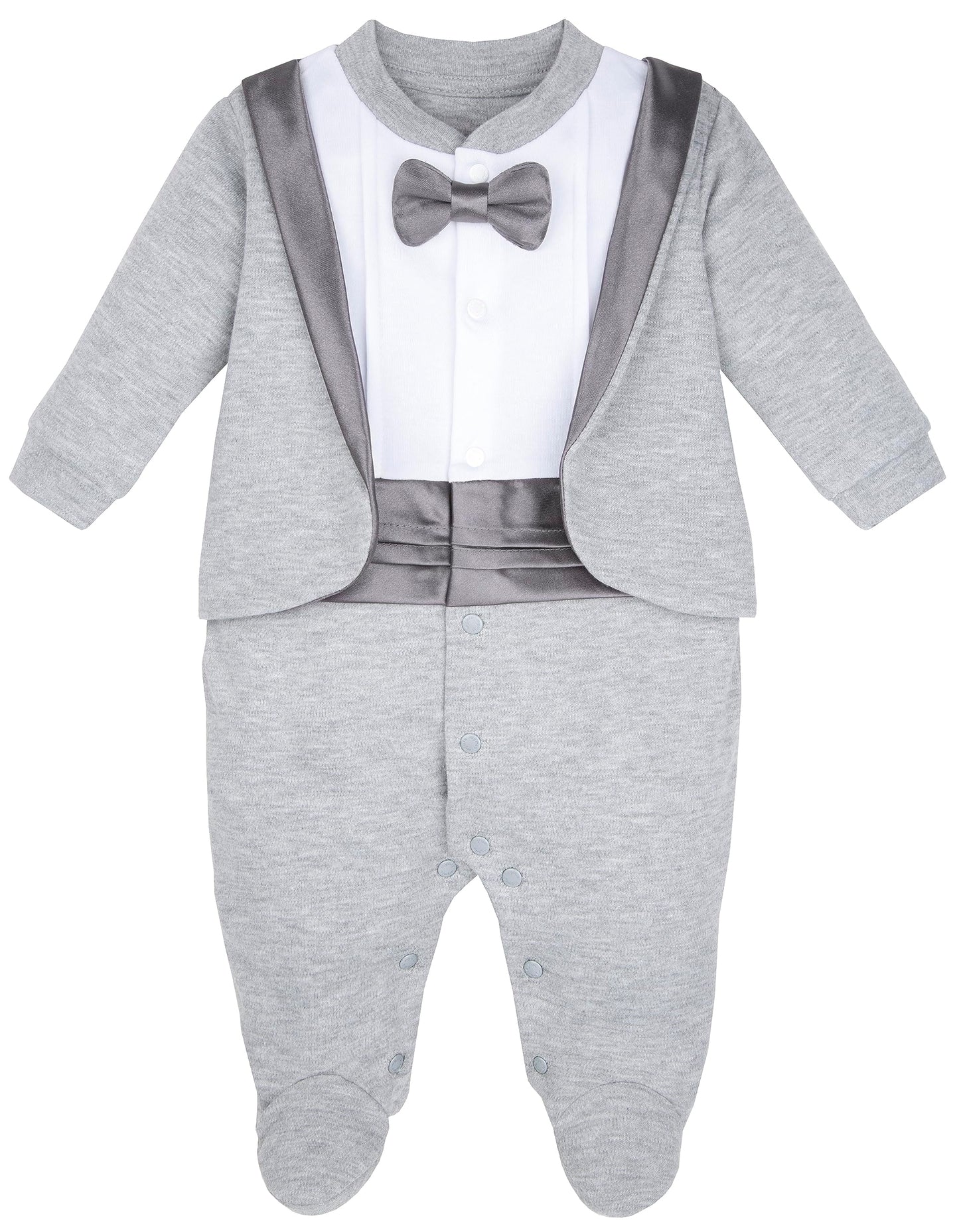 Lilax Baby Boy Gentleman Tuxedo Footie Christmas Holiday Outfit With Bow Tie (Newborn, Grey)