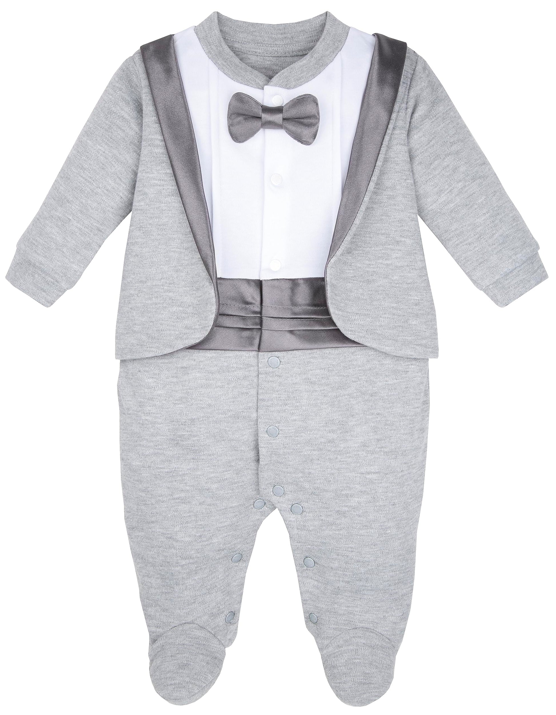 Lilax Baby Boy Gentleman Tuxedo Footie Christmas Holiday Outfit With Bow Tie (Newborn, Grey)