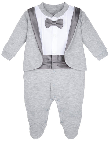 Lilax Baby Boy Gentleman Tuxedo Footie Christmas Holiday Outfit With Bow Tie (9 Months, Grey)