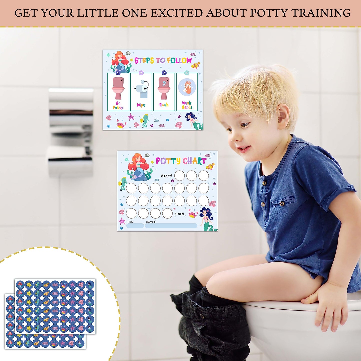 Mermaid Potty Training Sticker Chart, 20 Potty Charts With 432 Round Stickers & 1 Instruction Sheet, Potty Reward Sticker Chart
