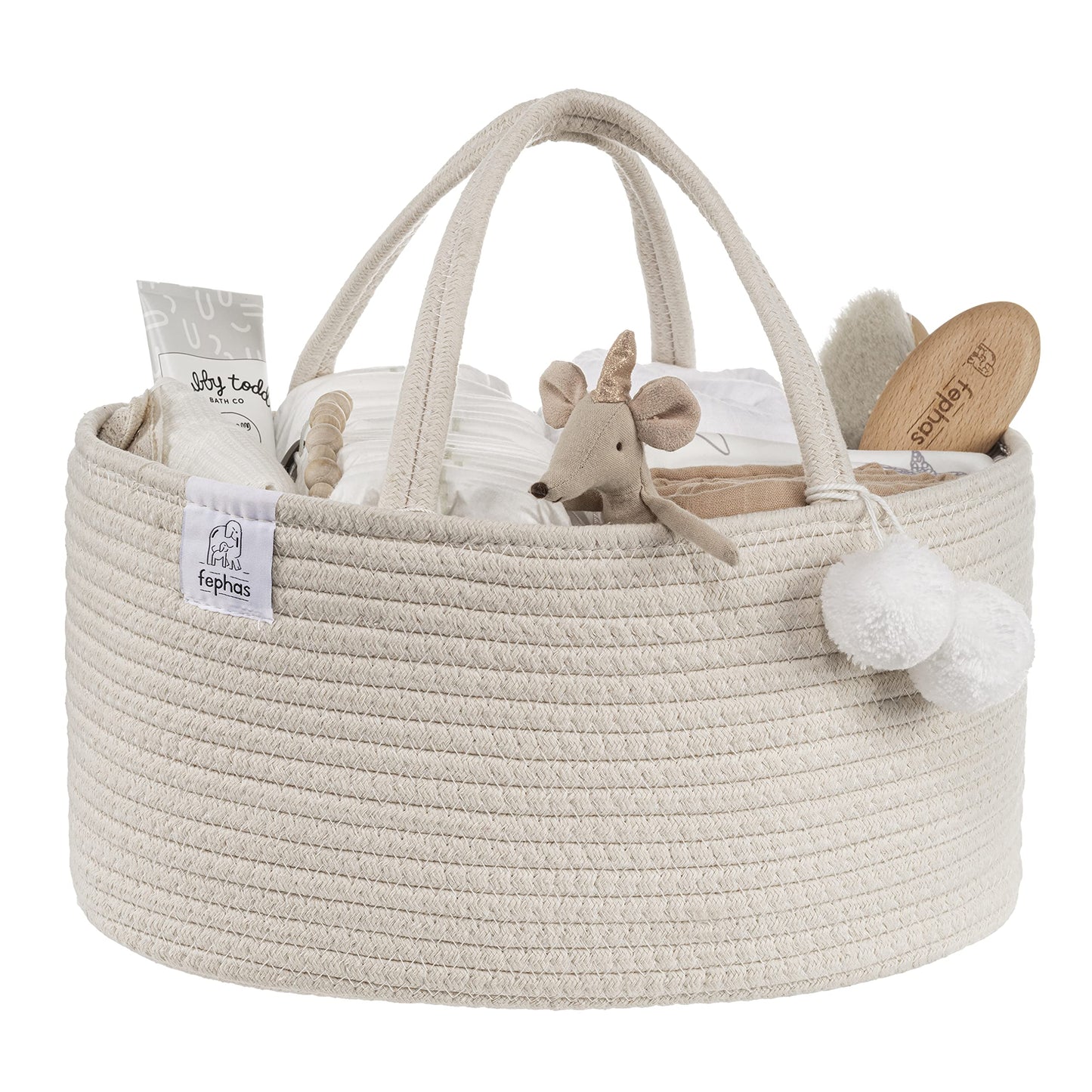 fephas Baby Diaper Caddy Organizer- Off White Rope Nursery Storage Bin- Portable Diaper Storage Basket for Changing Table and Ca
