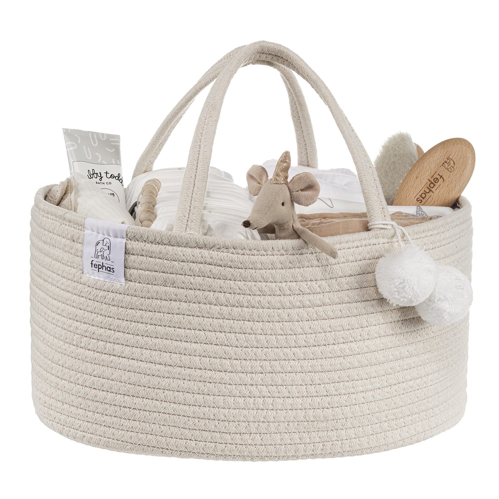 fephas Baby Diaper Caddy Organizer- Off White Rope Nursery Storage Bin- Portable Diaper Storage Basket for Changing Table and Ca
