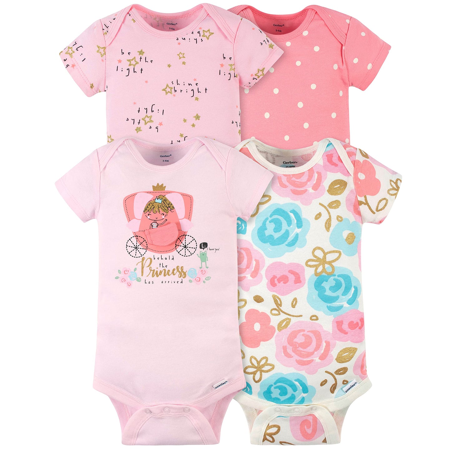 Gerber Baby Girls' 4-Pack Short Sleeve Onesies Bodysuits, Princess Pink, Newborn