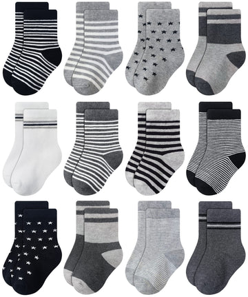 Rative 12-Pack Cotton Crew Socks For Unisex Baby Infant Toddler Kids Boys Girls(6-12 Months,12-Pairs/Ru-3Cun)