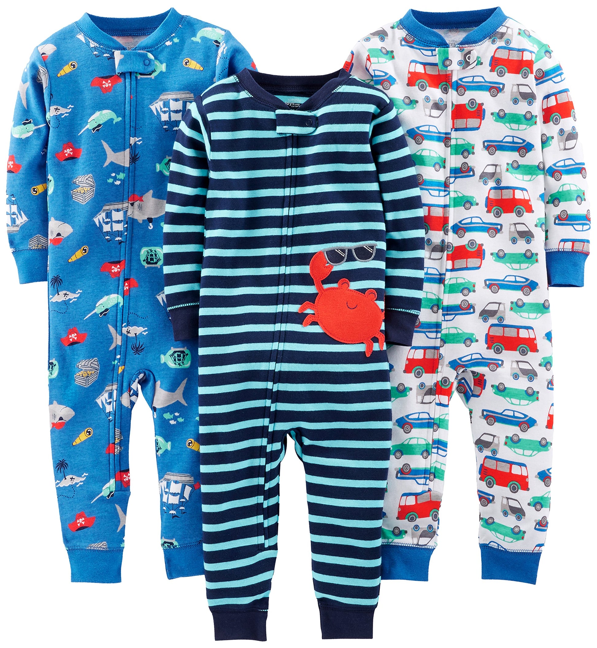 Simple Joys By Carter'S Baby Boys' 3-Pack Snug Fit Footless Cotton Pajamas, Blue Sea Life/Navy Stripe/White Cars, 4T