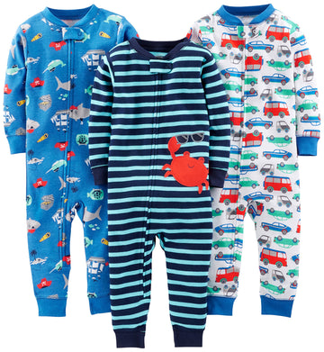 Simple Joys By Carter'S Baby Boys' 3-Pack Snug Fit Footless Cotton Pajamas, Blue Sea Life/Navy Stripe/White Cars, 6-9 Months