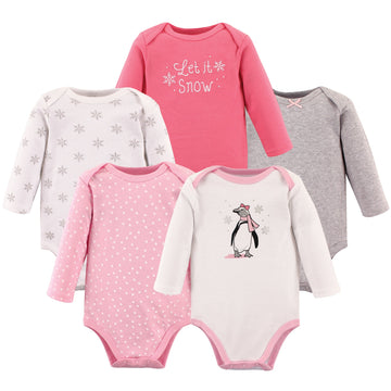 Hudson Baby Unisex Baby Cotton Long-Sleeve Bodysuits, Pink Penguin, 6-9 Months Us