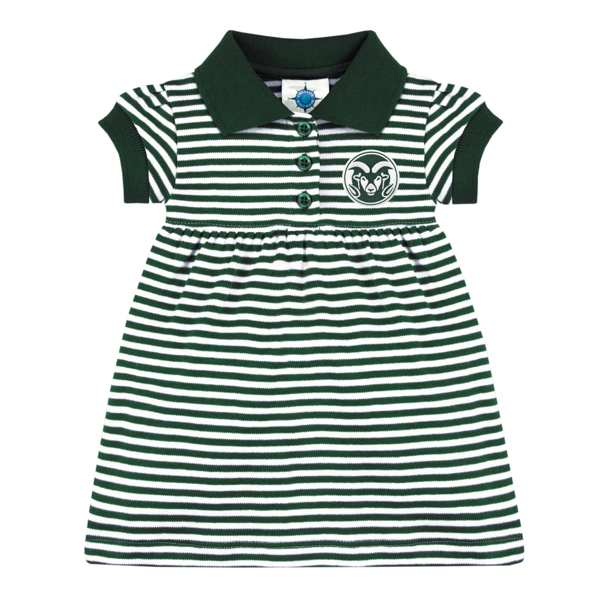 College Baby Striped Game Day Polo Dress With Bloomer - Colorado State Rams Logo - Hunter/White - 12 Months