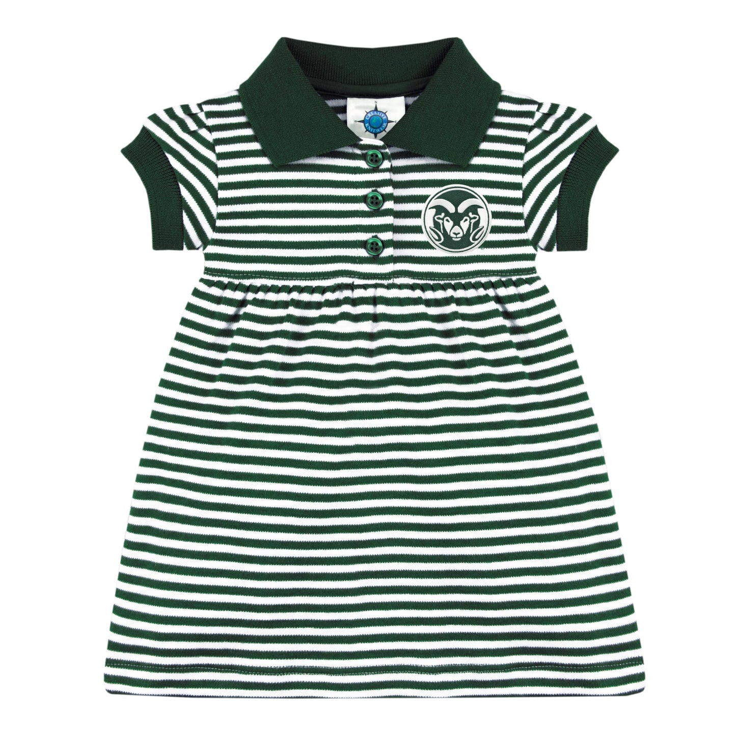 College Baby Striped Game Day Polo Dress With Bloomer - Colorado State Rams Logo - Hunter/White - 0-3 Months