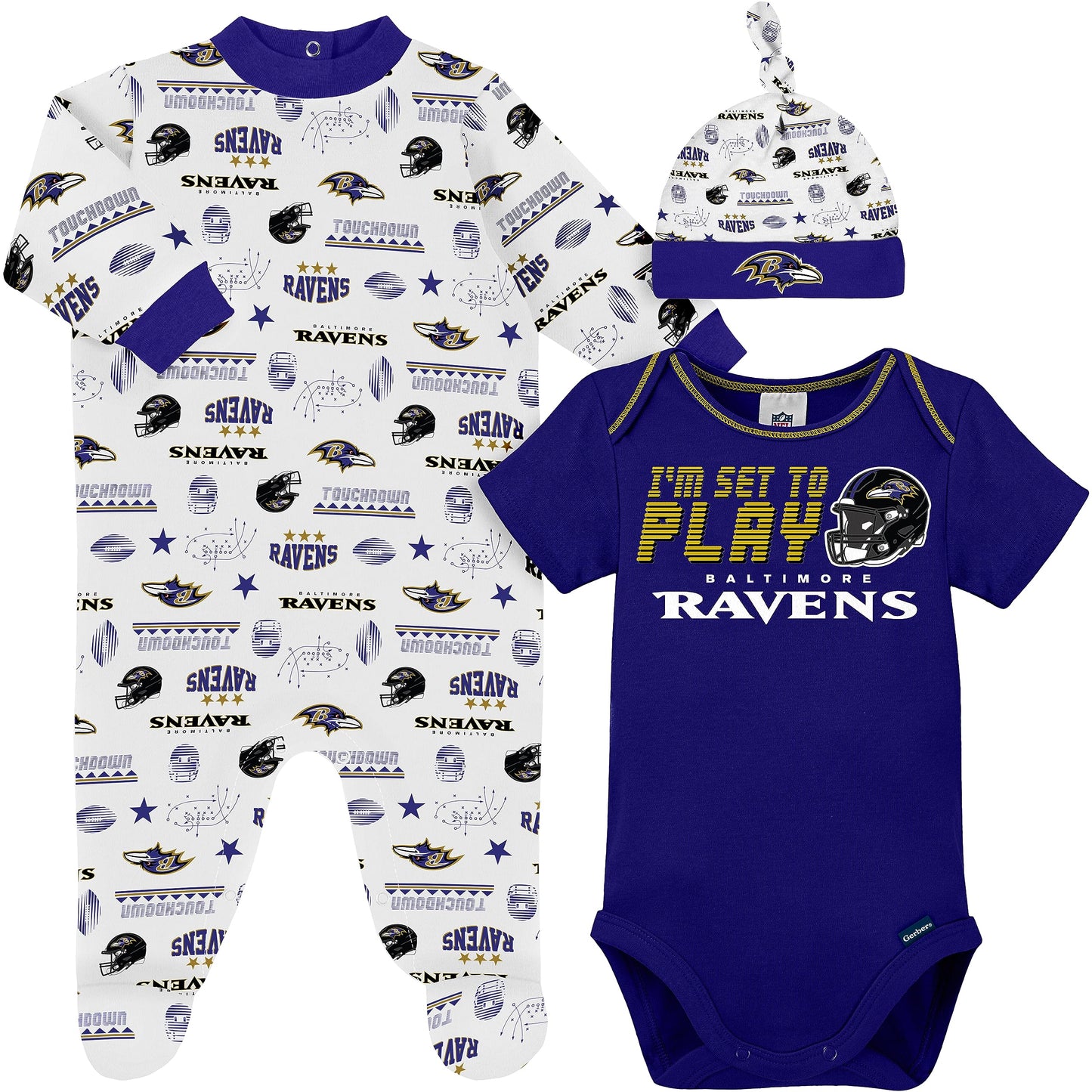 Nfl Baltimore Ravens 3 Pack Bodysuit Sleep N Play Footie Cap Registry Gift Set, Blue/White Baltimore Ravens, 3-6M