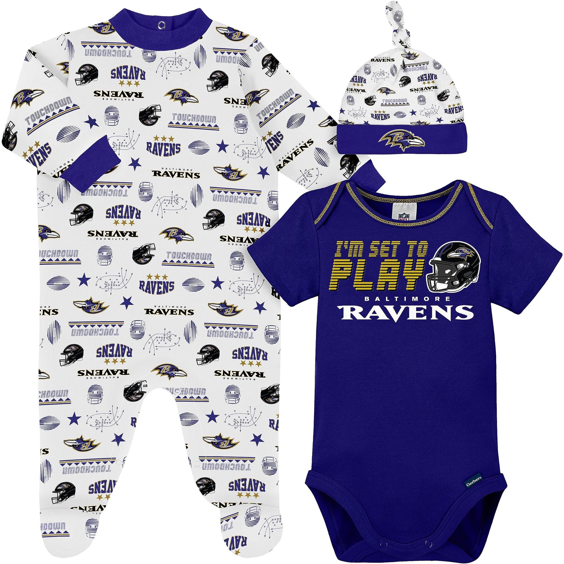 Nfl Baltimore Ravens 3 Pack Bodysuit Sleep N Play Footie Cap Registry Gift Set, Blue/White Baltimore Ravens, 3-6M