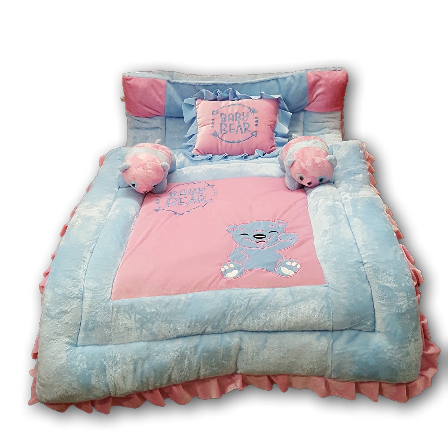 Pinks And Blues Full Sleeping 5 Piece Baby Bedding Set With Two Bear Shape Side Pillows (048 Months) (Pink Sky)