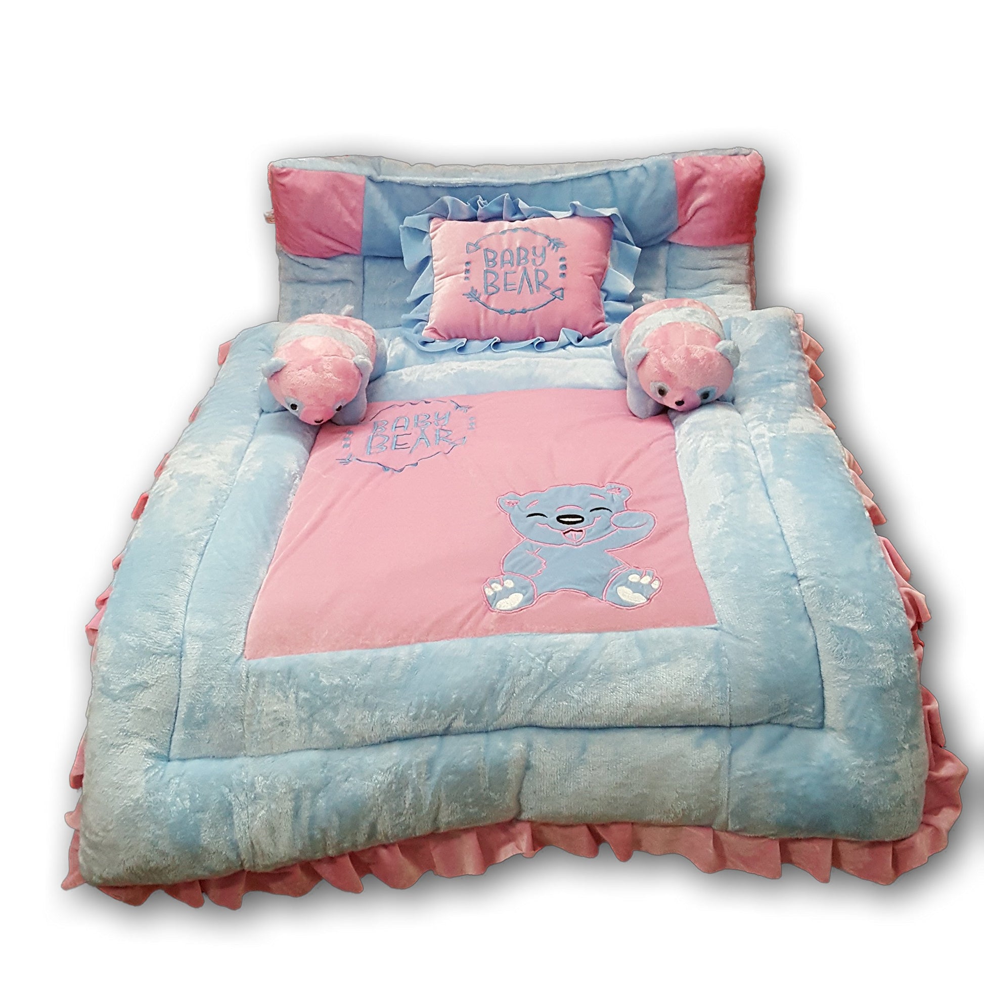 Pinks And Blues Full Sleeping 5 Piece Baby Bedding Set With Two Bear Shape Side Pillows (048 Months) (Pink Sky)