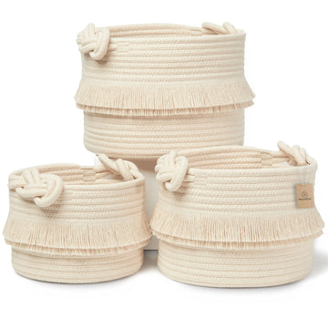Naturalcozy 3-Piece Boho Decor Storage Basket Set - Cotton Rope Woven Baskets For Organizing! Small Baby Stuff, Shower, Gift Bas